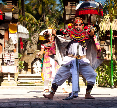 BALI, INDONESIA - APRIL 9: Balinese actors during a classic national Balinese dance Barong on April 9, 2012 on Bali, Indonesia. Barong is very popular cultural show on Bali.のeditorial素材