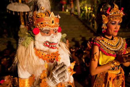 BALI, INDONESIA - APRIL 4: Presentation of traditional balinese Women Kecak Fire Dance show on April 4, 2012 on Bali, Indonesia. Kecak (also known as Ramayana Monkey Chant) is very popular cultural show on Bali.のeditorial素材