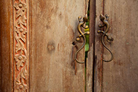 Old wooden doors with handles in the form of lizardsの写真素材
