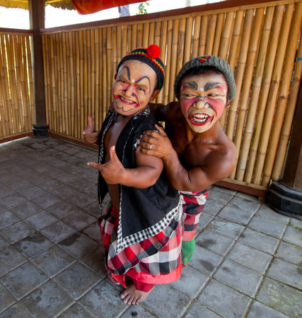 BALI, INDONESIA - APRIL 9: Balinese actors posing for turists before a classic national Balinese dance Barong on April 9, 2012 on Bali, Indonesia. Barong is very popular cultural show on Bali.のeditorial素材