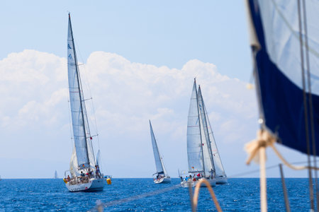 MEDITERRANEAN SEA, TURKEY- MAY 29: Boats Competitors During of sailing regatta Sail & Fun Trophy 2012 from Marmaris to Fethiye, May 29, 2012 in the Mediterranean Sea, Turkey.のeditorial素材