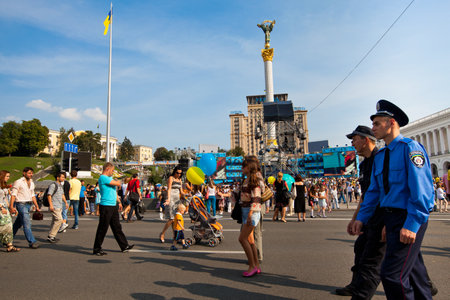 KIEV, UKRAINE - AUGUST 24: Participants of the celebration Independence Day of Ukraine in Independence Square, August 24, 2012 in Kiev, Ukraine.のeditorial素材