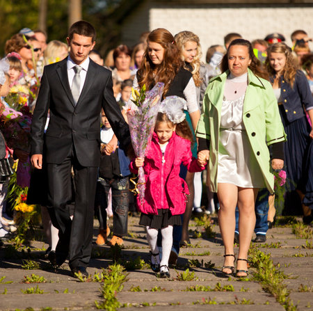 Unidentified children during celebration Knowledge Day on Sept 1, 2012 in Podporozhye, Russia. Knowledge Day originated in the USSR on 1984, and celebrated annually.のeditorial素材