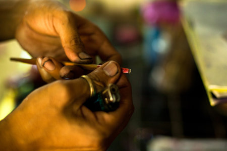 CHANG, THAILAND - DEC 24: Unidentified master prepare tools for traditional tattoo bamboo, Dec 24,...
