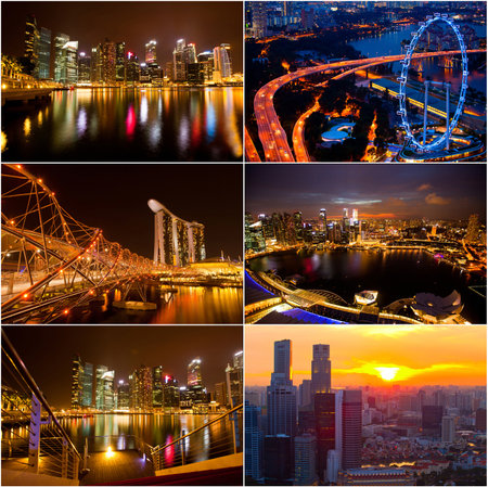 SINGAPORE - APRIL 15: Collage, a view of Singapore city in Marina Bay business district at night on April 15, 2012 on Singapore. のeditorial素材