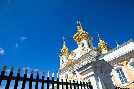 PETERHOF, RUSSIA - JULY 1: Peterhof Palace near St. Petersburg, Russia, May 1, 2012 in Peterhof, Russia. The name was changed to Petrodvorets in 1944, the original name was restored in 1997.のeditorial素材