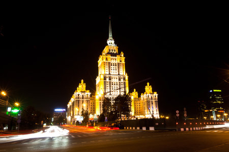 MOSCOW - SEPTEMBER 17: Hotel Ukraine at night on September 17, 2011 in Moscow. Hotel Ukraine - one of 7 Stalinist famous skyscrapers in Moscow.のeditorial素材