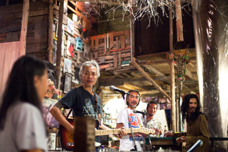 KO CHANG/TRAT, THAILAND - FEBRUARY 10: Thai blues band Stone Free performing in a night club Sticky Rice Blues, February 10, 2013 on Koh Chang island, Thailand.のeditorial素材