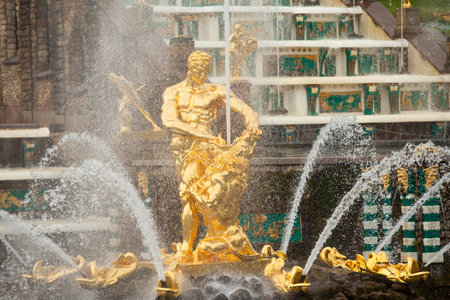 PETERHOF, RUSSIA - JULY 1: Grand Cascade Fountains at Peterhof, Russia, May 1, 2012 in Peterhof, Russia. The name was changed to Petrodvorets in 1944, the original name was restored in 1997.のeditorial素材