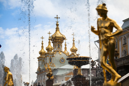 PETERHOF, RUSSIA - JULY 1: Peterhof Palace near St. Petersburg, Russia, May 1, 2012 in Peterhof, Russia. The name was changed to Petrodvorets in 1944, the original name was restored in 1997.のeditorial素材