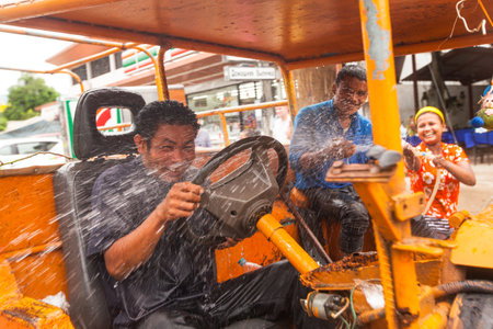 KO CHANG, THAILAND - APR 13: People celebrated Songkran Festival, on 13 Apr 2013 on Ko Chang, Thailand. Songkran is celebrated in Thailand as the traditional New Year by throwing water at each other.のeditorial素材