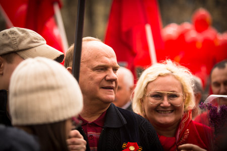 MOSCOW - MAY 1: Gennady Zyuganov (is a Russian politician, First Secretary of the Communist Party of the Russian Federation) during procession of May Day on May 1, 2013 in Moscow, Russia.のeditorial素材