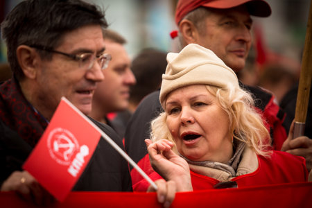 MOSCOW - MAY 1: Communist party supporters take part in a rally marking the May Day, May 1, 2013 in Moscow, Russia.のeditorial素材