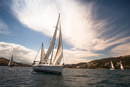 PELOPONNESE, GREECE- MAY 29: Boats Competitors During of 9th spring sailing regatta Ellada 2013, May 29, 2013 in Peloponnese, Greece.のeditorial素材