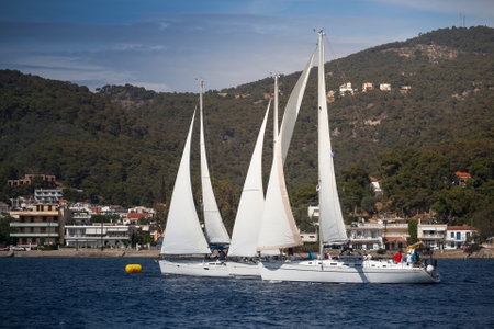 PELOPONNESE, GREECE- MAY 29: Boats Competitors During of 9th spring sailing regatta Ellada 2013, May 29, 2013 in Peloponnese, Greece.のeditorial素材