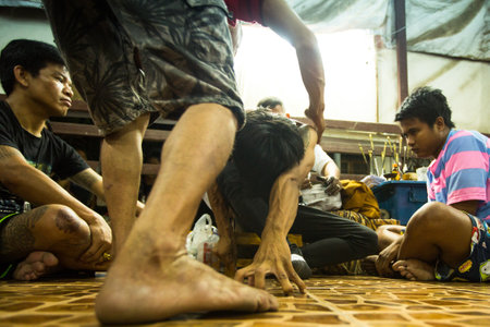 NAKHON CHAI, THAILAND - MAR 23: Unidentified participant Master Day Ceremony able Khong Khuen -...