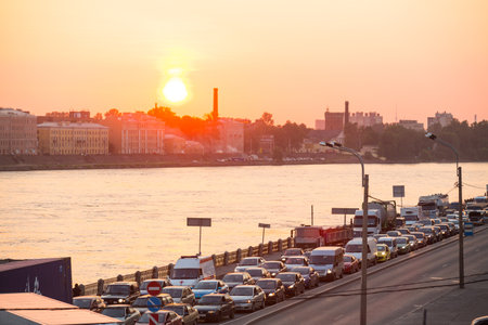 ST.PETERSBURG, RUSSIA - JUNE 25: Shortness of traffic due to repairs Greater Obukhov (cable-stayed) Bridge, Jun 25, 2013, St.Petersburg Russia. Congestion length of 6.3 km was formed on the Ring Road.のeditorial素材