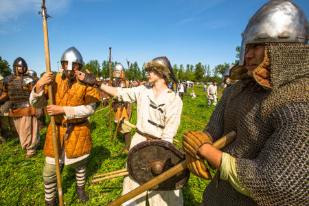 STARAYA LADOGA, RUSSIA - JULY 13: Unidentified participants during of international historical festival of medieval culture Ladogafest-2013 (12-14 of Jul) on July 13, 2013 on Staraya Ladoga, Russia.のeditorial素材