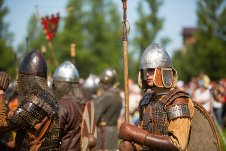 STARAYA LADOGA, RUSSIA - JULY 13: Unidentified participants during of international historical festival of medieval culture Ladogafest-2013 (12-14 of Jul) on July 13, 2013 on Staraya Ladoga, Russia.のeditorial素材