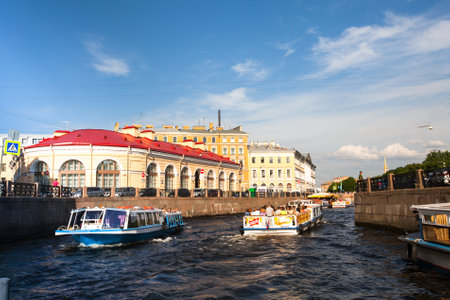 ST.PETERSBURG, RUSSIA - JUNE 24: On boat along channels city, June 24, 2013, SPb, Russia. In the city there are many, of not less than 93-x rivers, sleeves, ducts, channels, a total length of 300 km.のeditorial素材