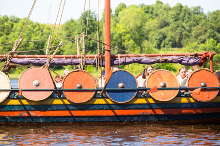 LADOGA, RUSSIA - JULY 13: During of international historical festival Ladogafest-2013 on July 13, 2013 on Ladoga, Russia. On 12-14 of July Ladoga festival will bring to life a viking age old harbour.のeditorial素材