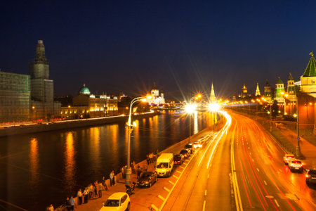 MOSCOW - JUNE 13: Embankment of the Moskva River near the Kremlin, June 13, 2013, Moscow Russia. The length of the river is 503 km. The area of its drainage basin is 17,600 km.のeditorial素材