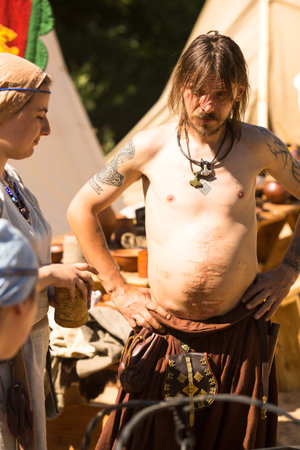 STARAYA LADOGA, RUSSIA - JULY 13: Unidentified participants during of international historical festival of medieval culture Ladogafest-2013 (12-14 of Jul) on July 13, 2013 on Staraya Ladoga, Russia.のeditorial素材