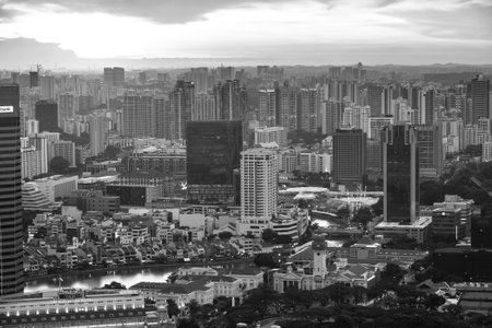 SINGAPORE - APRIL 15: A view of city from roof Marina Bay Hotel (black and white photo) on April 15, 2012 on Singapore. This hotel is billed as the world's most expensive standalone casino property at $8 billion.のeditorial素材