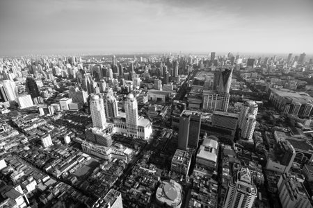 BANGKOK - APR 23: A view on the city from Bayok Sky hotel (b/w photo) on Apr 23, 2012 in Bangkok, Thailand. Baiyoke Sky the tallest hotel in Southeast Asia and the 3-tallest all hotel in the world.のeditorial素材