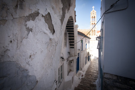 HYDRA, GREECE - MAY 7: View of Hydra town in May 7, 2013 in Hydra, Greece. Hydra island (20.1 sq mi, pop.1900) was and is one of the major centers of artistic creation, the island hosted many artists.のeditorial素材