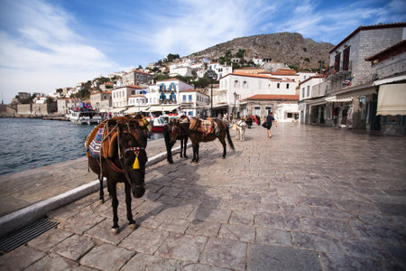 HYDRA, GREECE - MAY 7: View of Hydra town in May 7, 2013 in Hydra, Greece. Hydra island (20.1 sq mi, pop.1900) was and is one of the major centers of artistic creation, the island hosted many artists.のeditorial素材