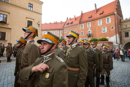  KRAKOW, POLAND - SEP 21: Unidentified participants feast of the Polish cavalry in the National Museum, Sep 21, 2013 in Krakow, Poland. Festival is held in honor of the battle 12 Sep 1683 year.のeditorial素材