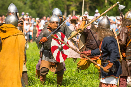 STARAYA LADOGA, RUSSIA - JULY 13: Unidentified participants during of international historical festival of medieval culture Ladogafest-2013 (12-14 of Jul) on July 13, 2013 on Staraya Ladoga, Russia.のeditorial素材