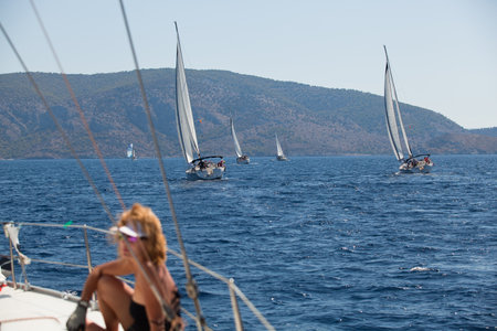 SARONIC GULF, GREECE - SEPTEMBER 25: Unidentified sailors participates during of sailing regatta "Viva Greece 2012" on September 25, 2012 on Saronic Gulf, Greece. 
のeditorial素材