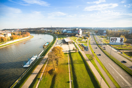 KRAKOW, POLAND - OCT 20: Aerial view of the Vistula River in the historic city center, Oct 20, 2013 in Krakow, Poland. Vistula is the longest river in Poland, at 1,047 kilometres in length.のeditorial素材