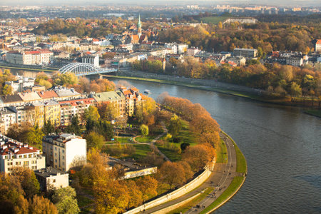 KRAKOW, POLAND - OCT 20: Aerial view of the Vistula River in the historic city center, Oct 20, 2013 in Krakow, Poland. Vistula is the longest river in Poland, at 1,047 kilometres in length.のeditorial素材