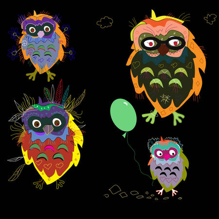 Funny background with cartoon owls のイラスト素材