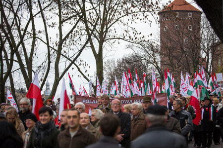 KRAKOW, POLAND - NOV 11: Unidentified participants celebrating National Independence Day an Republic of Poland, Nov 11, 2013 in Krakow, Poland. Is a public holiday, celebrated every year from 1918.のeditorial素材