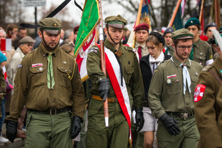 KRAKOW, POLAND - NOV 11: An unidentified participants celebrating National Independence Day an Republic of Poland, Nov 11, 2013 in Krakow, Poland. Is a public holiday, celebrated every year from 1918.のeditorial素材