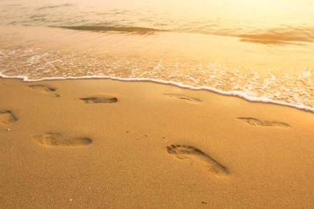 Footsteps on the beach by the sea in summer.の写真素材