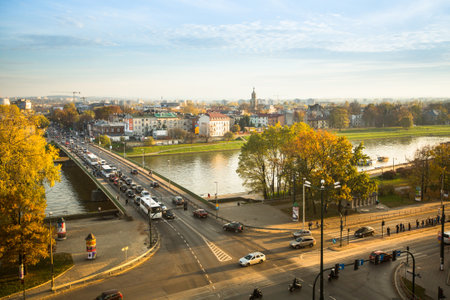 KRAKOW, POLAND - OCT 20: View of the Vistula River in the historic city center, Oct 20, 2013 in Krakow, Poland. Vistula is the longest river in Poland, at 1,047 kilometres in length.のeditorial素材