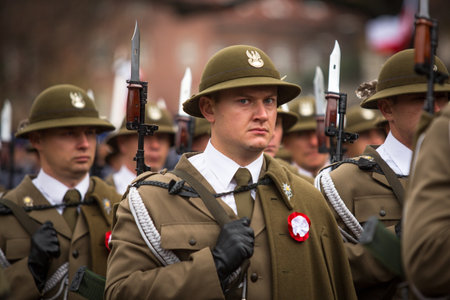 KRAKOW, POLAND - NOV 11: Unidentified participants celebrating National Independence Day an Republic of Poland, Nov 11, 2013 in Krakow, Poland. Is a public holiday, celebrated every year from 1918.のeditorial素材