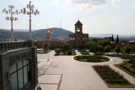 TBILISI, GEORGIA - JUL 14: View of the Holy Trinity (Sameba) Cathedral, Jul 14, 2011 in Tbilisi,...