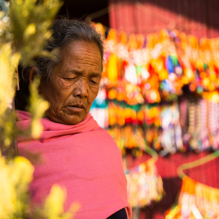 KATHMANDU, NEPAL - DEC 11: Portrait of unidentified old woman near stupa Boudhanath Dec 11, 2013 in Kathmandu, Nepal. Stupa is one of the largest in the world, of 1979 is a UNESCO World Heritage Site. のeditorial素材
