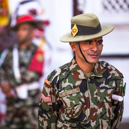 KATHMANDU, NEPAL - DEC 2: Unidentified guard of King Tribhuwan Memorial Museum, Dec 2, 2013 in Kathmandu, Nepal.のeditorial素材