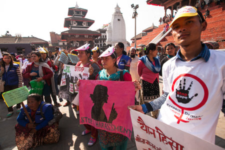 KATHMANDU, NEPAL - NOV 29: Unidentified participants protest within a campaign to end violence against women (VAW), Nov 29, 2013 in Kathmandu, Nepal. Held annually since 1991, 16 days Nov 25 - Dec 10.のeditorial素材