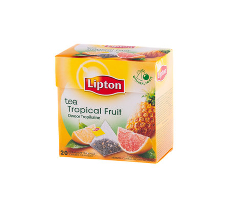 KRAKOW, POLAND - FEB 8, 2014: Studio shot packs of Lipton Pyramid Tea Tropical Fruit isolated on white. Lipton is a world famous brand of tea - founded 1890 and named after its founder Thomas Lipton.
のeditorial素材