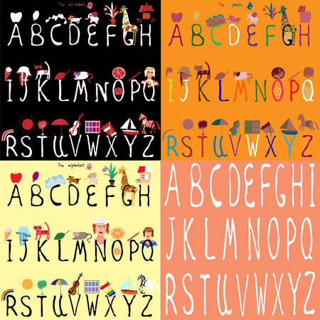 Set of four Illustrated Alphabet, vector illustrations, full alphabet from A to Z.のイラスト素材