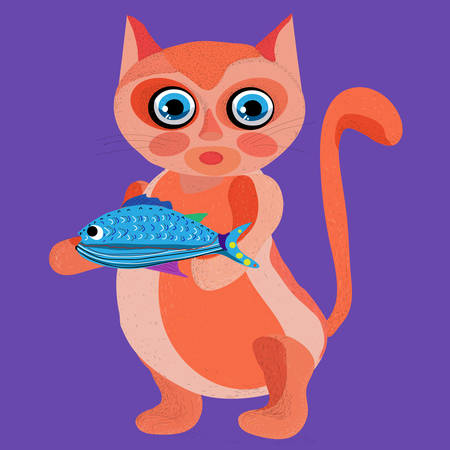 Cute cat with a fish in his paws in a cartoon styleのイラスト素材