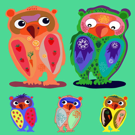 Set of Cute Owl (on a green background), cartoon drawing, cute illustration for children, vector illustrations  (a series of popular hipster-characters)のイラスト素材